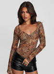 back view of model wearing Princess Polly Elixia Long Sleeve Bodysuit Leopard Full Sleeves 