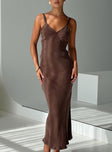 front view of model wearing Princess Polly Laurette Maxi Dress Brown Petite V-Neck 