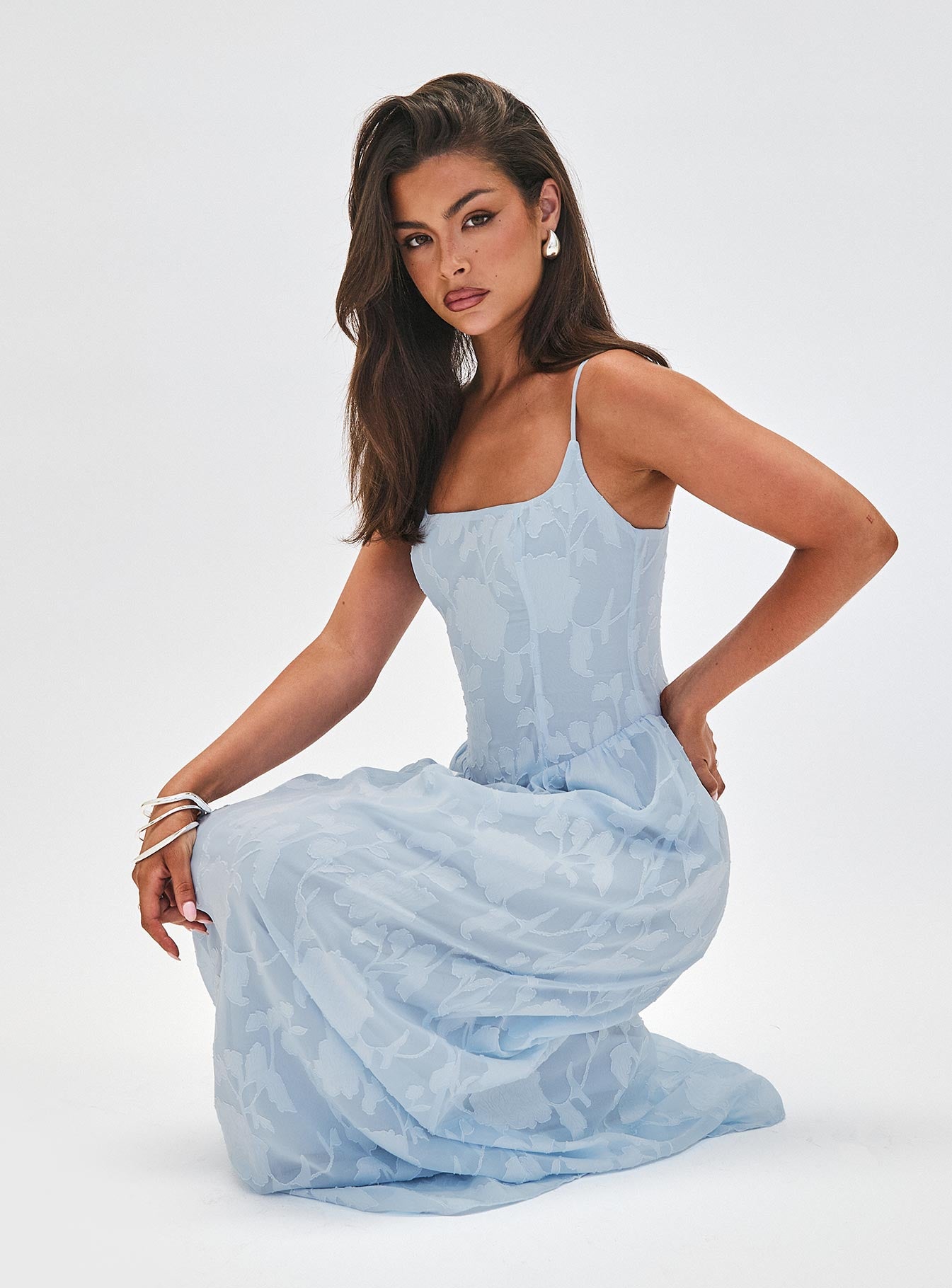 side view of model wearing Princess Polly Angeleina Maxi Dress Blue Floral Square Neck 