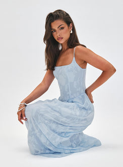 side view of model wearing Princess Polly Angeleina Maxi Dress Blue Floral Square Neck 