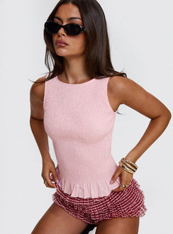 front view of model wearing Princess Polly Chauntelle Ruched Top Pink Sleeveless Crew Neck 