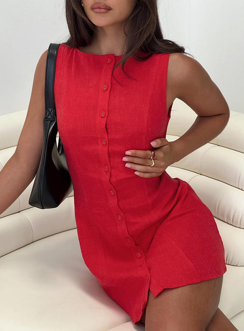front view of model wearing Princess Polly Dollie Linen Mini Dress Red Crew Neck 