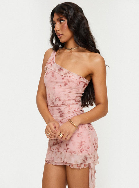 side view of model wearing Princess Polly Bramwell One Shoulder Mini Dress Pink Tall Asymmetric Neckline 