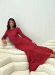 side view of model wearing Princess Polly Pricely Long Sleeve Maxi Dress Red Boat Neck Boat Neck 