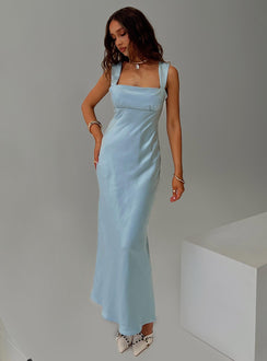 side view of model wearing Princess Polly Radioactive Bias Cut Maxi Dress Ice Blue Square Neck 