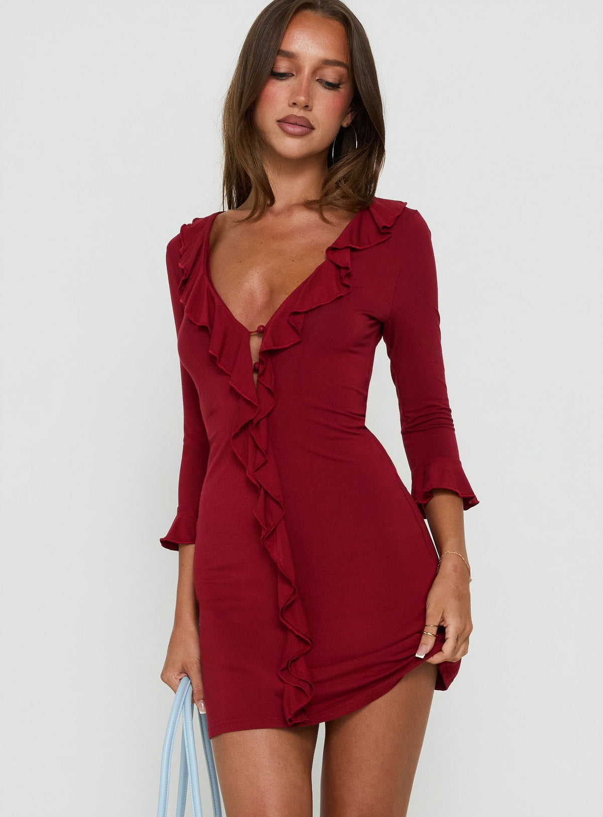 Venice Baby Knit Frill 3/4 Sleeve Mini Dress Wine