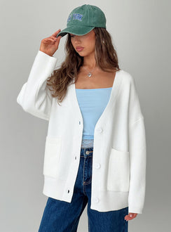 front view of model wearing Princess Polly Burke Cardigan White Long 
