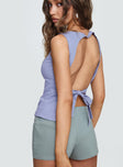 back view of model wearing Princess Polly Lilitina Top Blue Sleeveless High Neck 