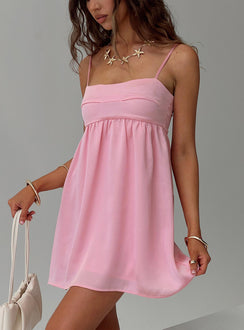 front view of model wearing Princess Polly Ortega Mini Dress Pink Square Neck 