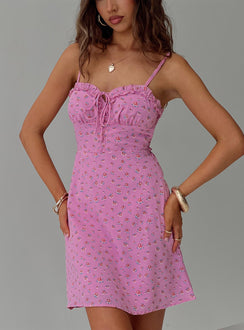 front view of model wearing Princess Polly Love Birds Mini Dress Pink Floral Sweetheart Neckline 