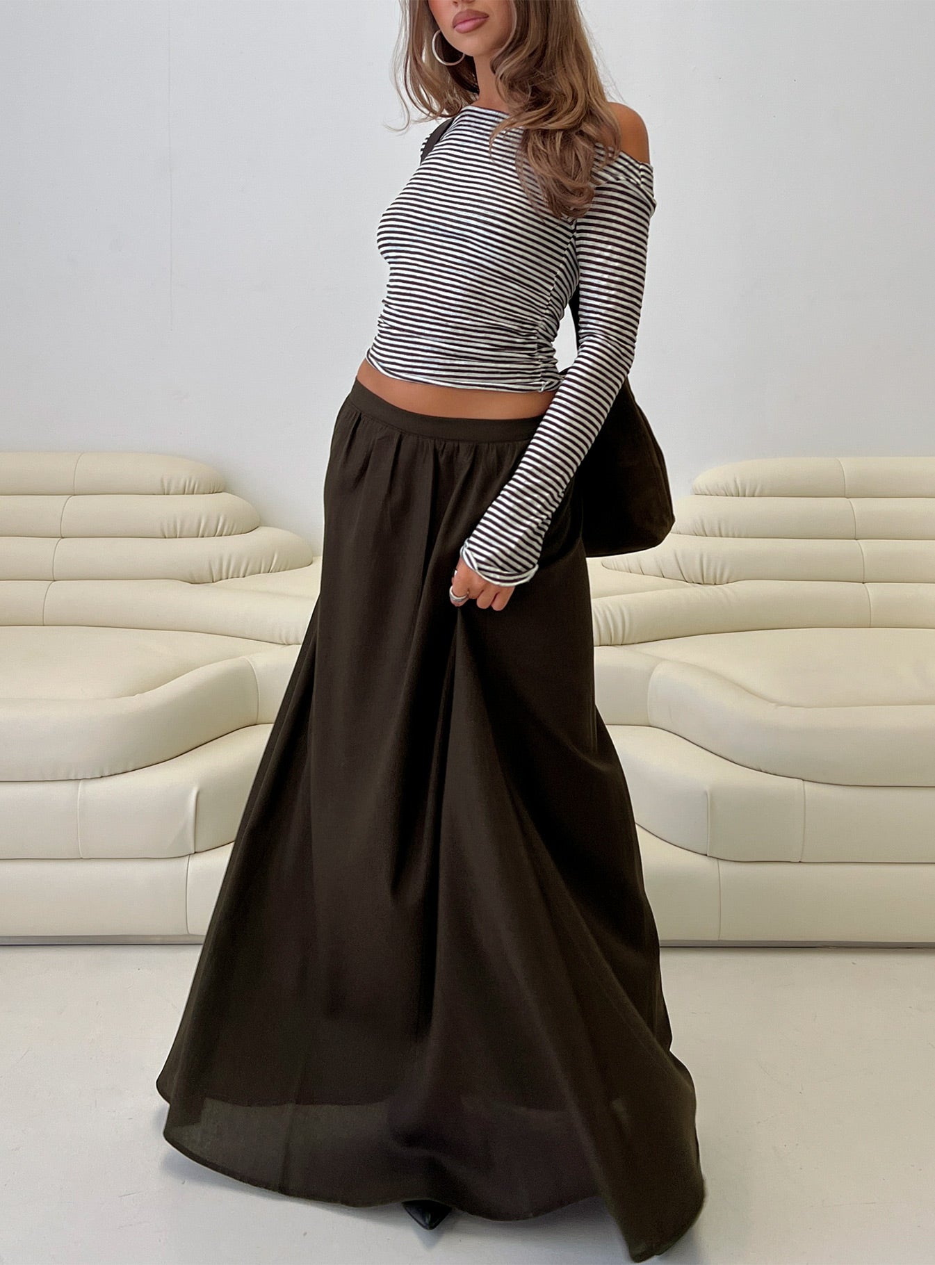   front view of model wearing Princess Polly Hallee Maxi Skirt Brown Maxi 