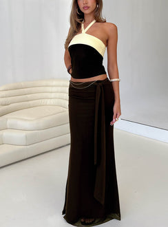   front view of model wearing Princess Polly Caviar Tie Maxi Skirt Chocolate Maxi 