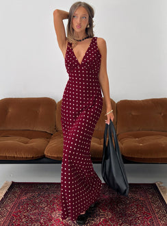 Nellie Maxi Dress Burgundy Polka Dot
