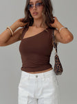 side view of model wearing Princess Polly Adami Top Brown Sleeveless Asymmetric Neckline 