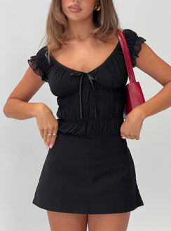 front view of model wearing Princess Polly Ahead Of Myself Off Shoulder Bodysuit Black Short Sleeves 