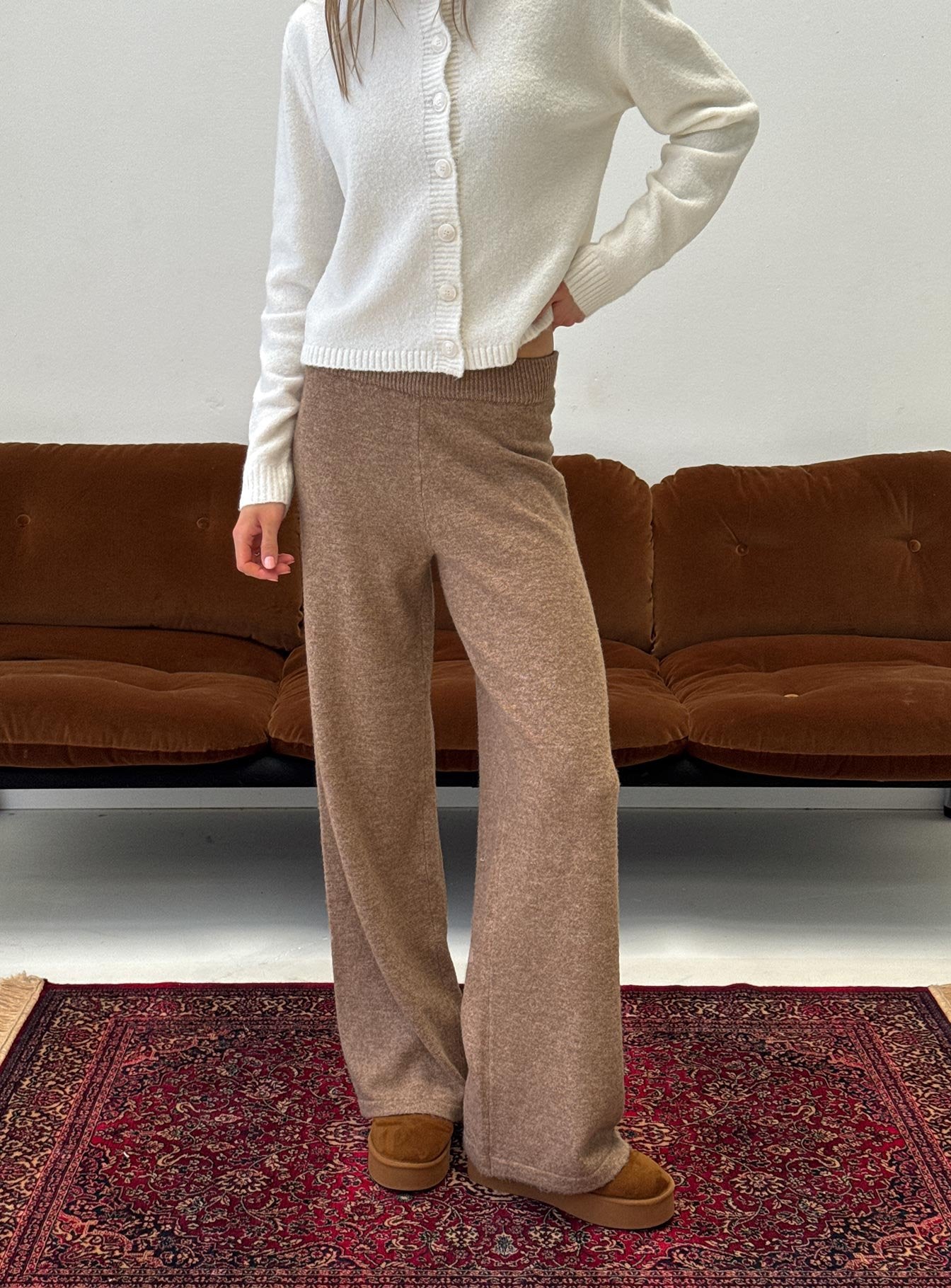 front view of model wearing Princess Polly Bekki Wide Leg Knit Pant Mocha High Rise Pants 