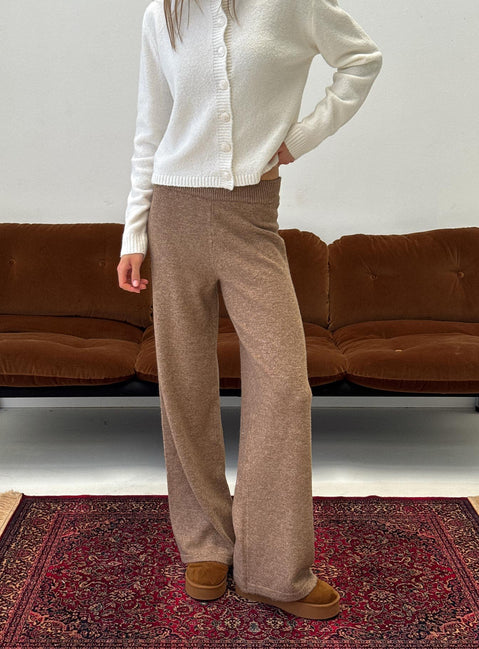front view of model wearing Princess Polly Bekki Wide Leg Knit Pant Mocha High Rise Pants 