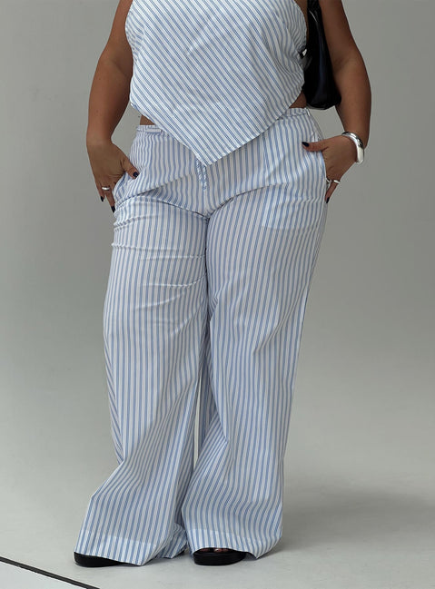 front view of model wearing Princess Polly Collied Low Rise Pants Blue / White Stripe Curve High Waisted Pants 