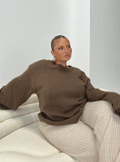 front view of model wearing Princess Polly Harmony Knit Sweater Dark Brown Curve 