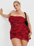 front view of model wearing Princess Polly Donelli Mini Dress Burgundy / Red Floral Curve Straight Neck 