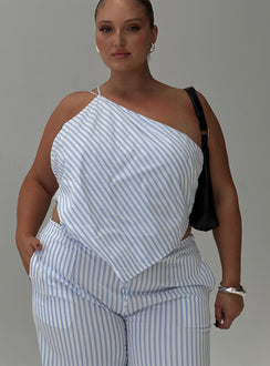 front view of model wearing Princess Polly Collied Asymmetric Top Blue / White Stripe Curve Sleeveless Asymmetric Neckline 