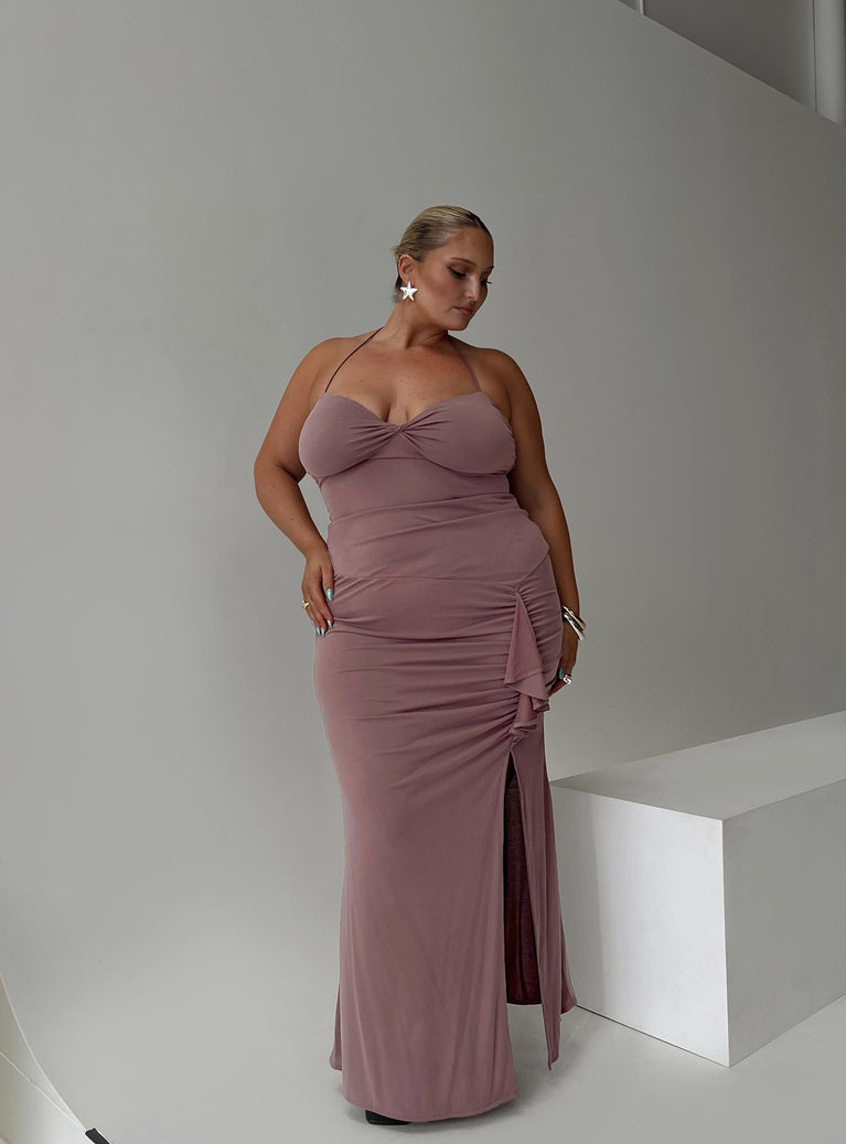 side view of model wearing Princess Polly Destinations Maxi Dress Mauve Curve Sweetheart Neckline 