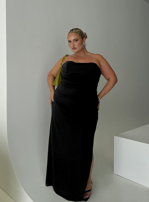 side view of model wearing Princess Polly Ferri Strapless Maxi Dress Black Curve Straight Neck 