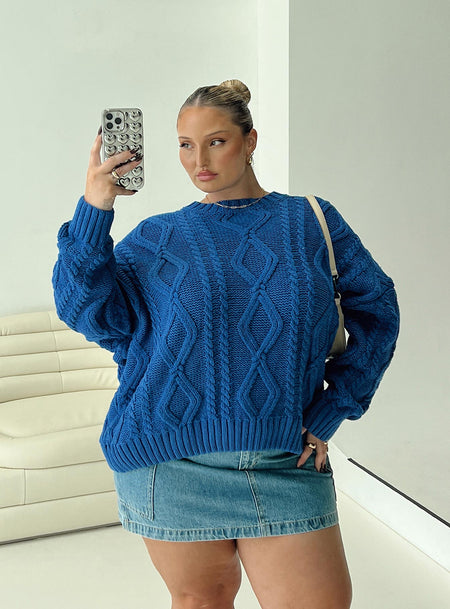 Blue Cable knit sweater Crew neckline, drop shoulder