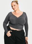 Grey Long sleeve top V neckline, pinched detail at bust