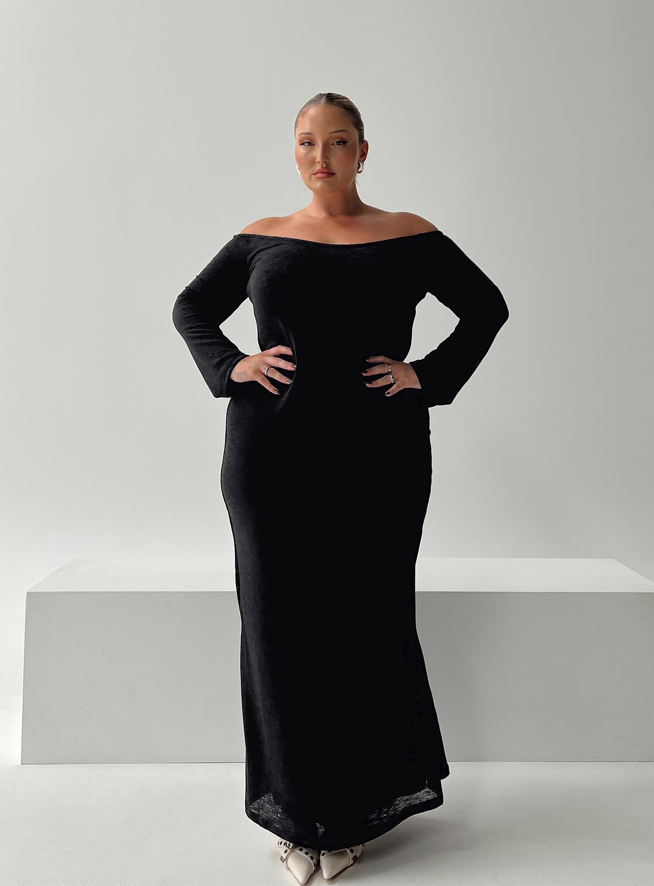 front view of model wearing Princess Polly Korey Off The Shoulder Maxi Dress Black Curve Straight Neck 
