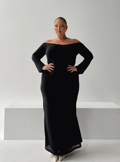 front view of model wearing Princess Polly Korey Off The Shoulder Maxi Dress Black Curve Straight Neck 
