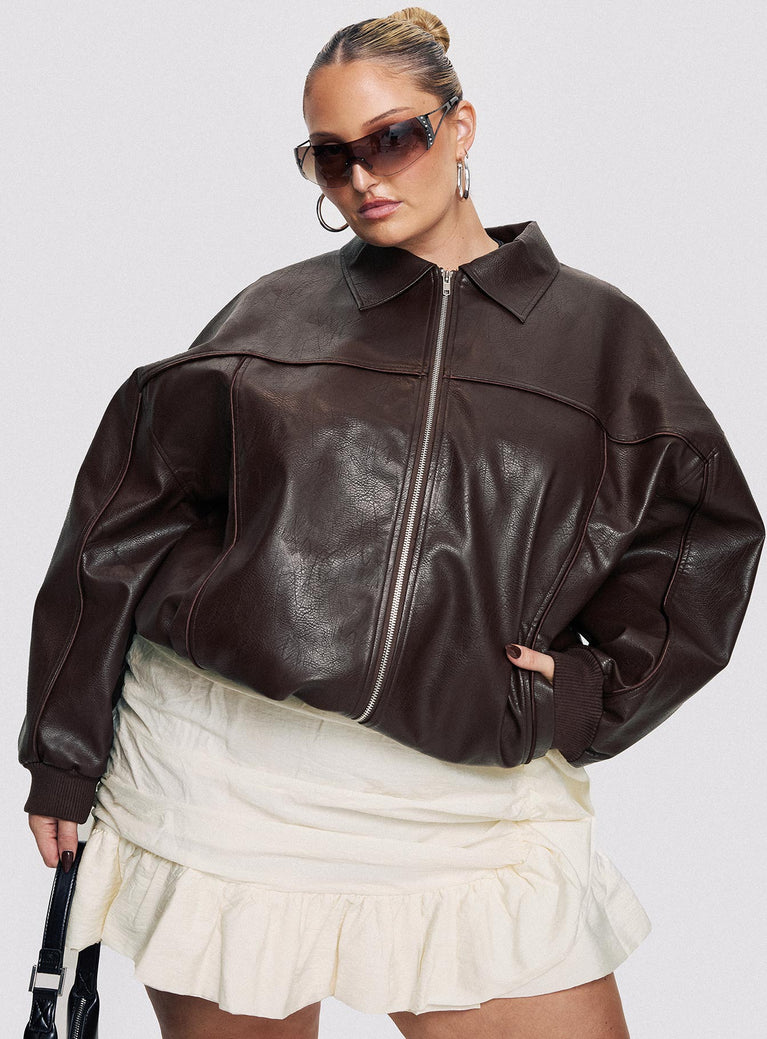 Brown Bomber jacket  Oversized fit, faux leather material, classic collar, zip front fastening, ribbed waistband and cuffs, twin hip pockets