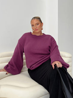 front view of model wearing Princess Polly Harmony Knit Sweater Burgundy Curve regular 