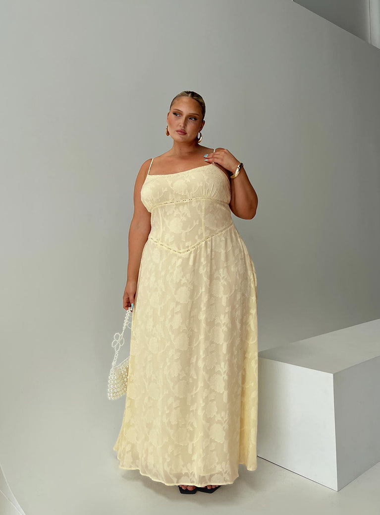 front view of model wearing Princess Polly South Of France Maxi Dress Yellow Curve Square Neck 