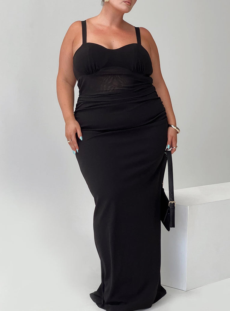 front view of model wearing Princess Polly Mazzola Maxi Dress Black Curve Sweetheart Neckline 