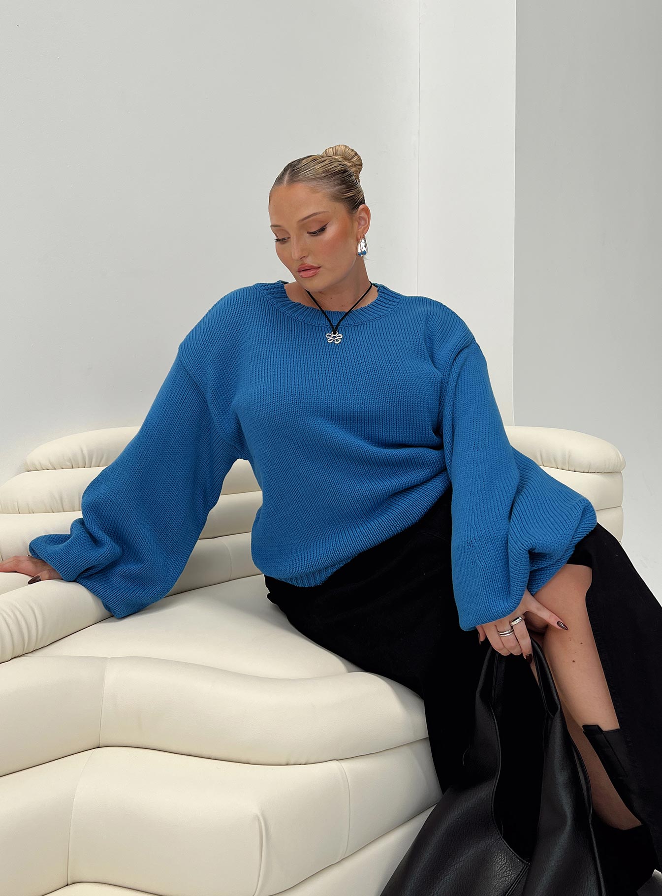 Harmony Balloon Sleeve Knit Sweater Blue Curve