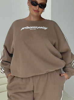front view of model wearing Princess Polly Princess Polly Crew Neck Sweatshirt Stripe Taupe / White Curve 