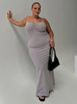 front view of model wearing Princess Polly Arabellia Maxi Dress Grey Curve V-Neck 