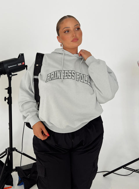 Princess Polly Hooded Sweatshirt Collegiate Text Grey / Green Curve Princess Polly  regular 