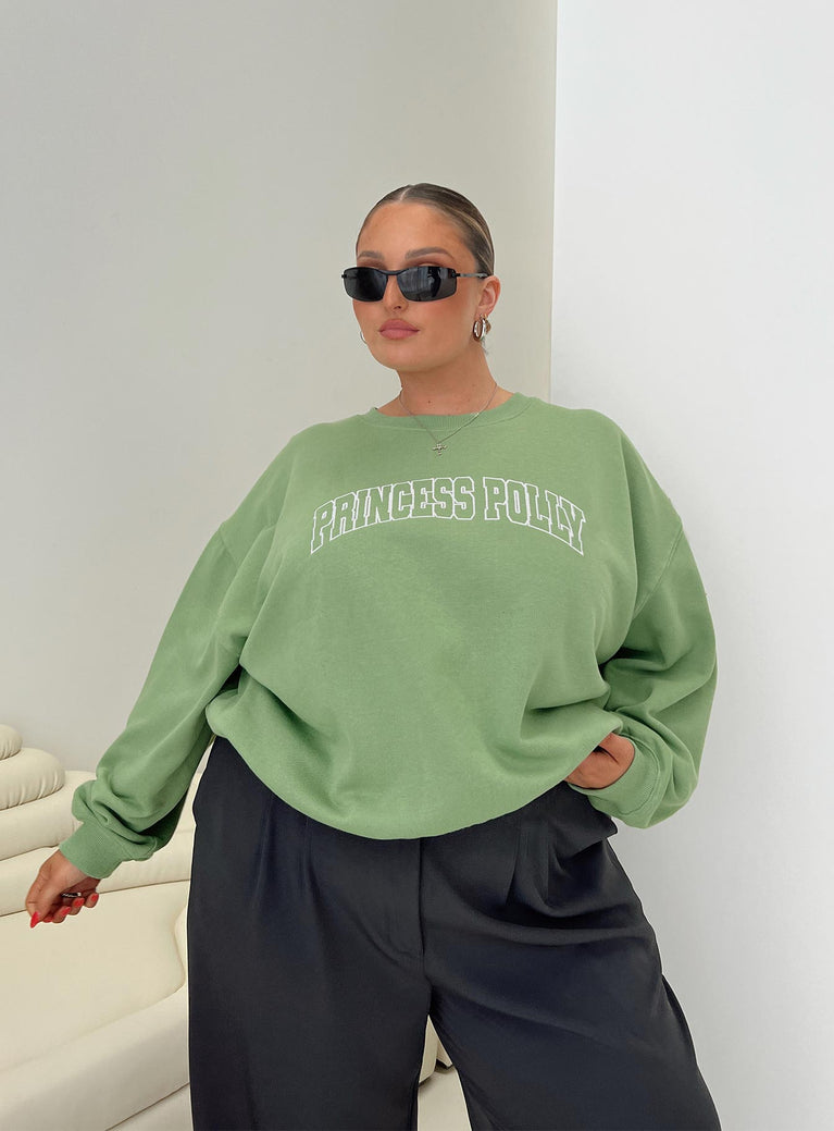 Princess Polly Crew Neck Sweatshirt Collegiate Text Green Curve Princess Polly  regular 