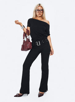 front view of model wearing Princess Polly Kortnee Eyelet Detail Flare Leg Pants Black Low Rise Pants 