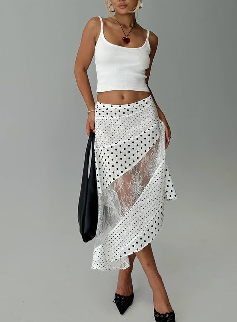   front view of model wearing Princess Polly Rennar Maxi Skirt White / Polka Dot Midi Skirts 