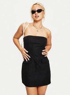 front view of model wearing Princess Polly Langdon Strapless Mini Dress Black Straight Neck 