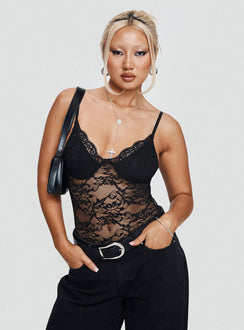 back view of model wearing Princess Polly Wystan Lace Bodysuit Black Sleeveless Plunger 