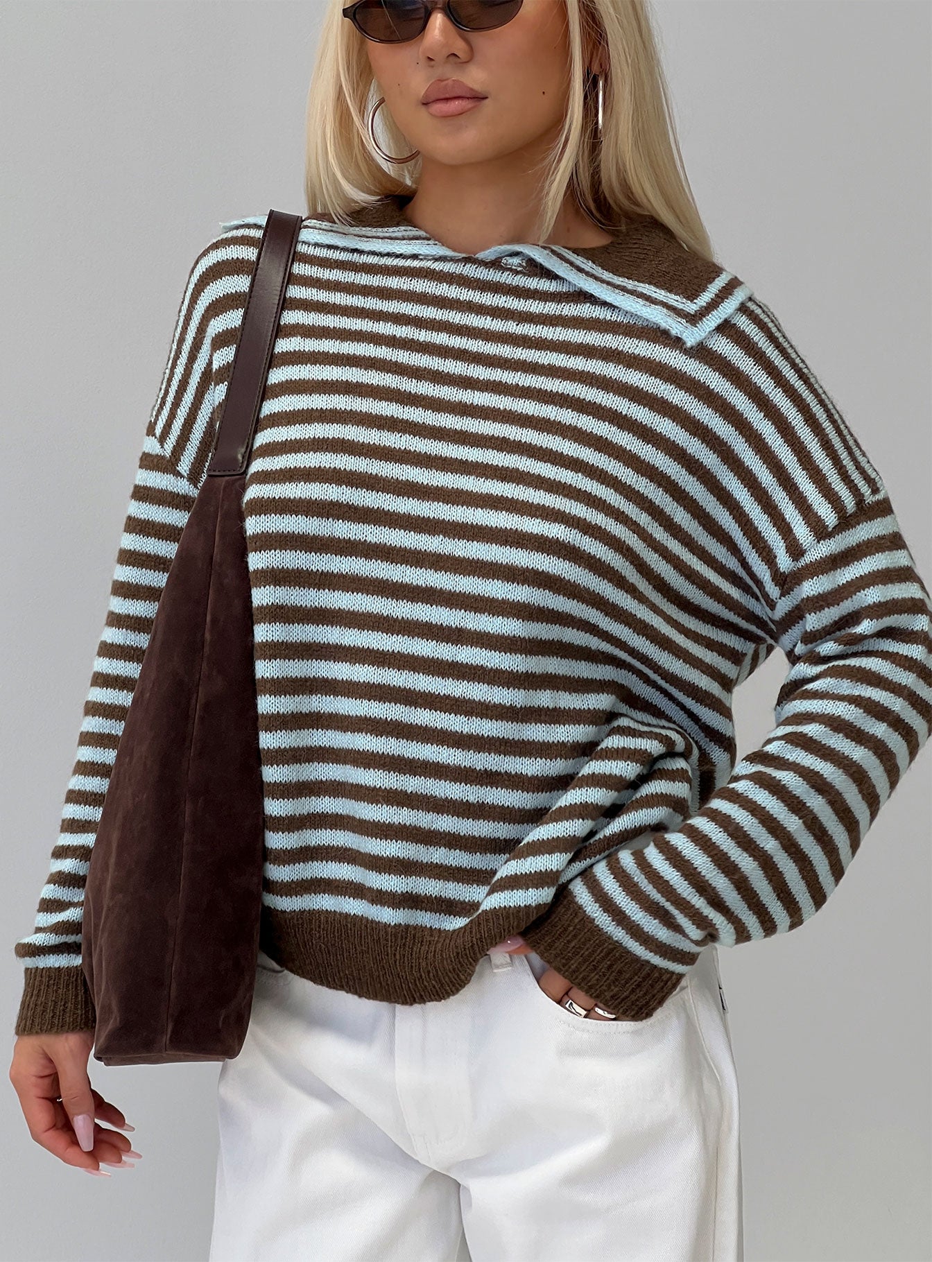 back view of model wearing Princess Polly Moon Went Dark Collared Knit Sweater Stripe 