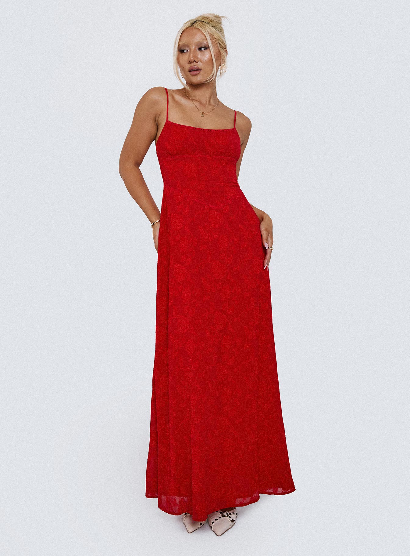 side view of model wearing Princess Polly South Of France Maxi Dress Red Scoop Neck 
