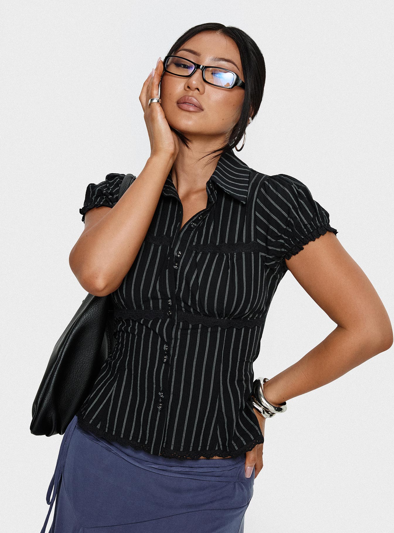 Deserve You Puff Sleeve Button Front Top Black Stripe