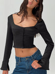 front view of model wearing Princess Polly Watch Me Long Sleeve Top Black Full Sleeves Square Neck 