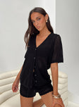 Black Matching set Knit material, v neckline, button fastening, elasticated waistband, scalloped hem