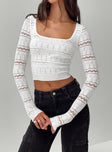 front view of model wearing Princess Polly Valor Long Sleeve Knit Top White Full Sleeves Square Neck 